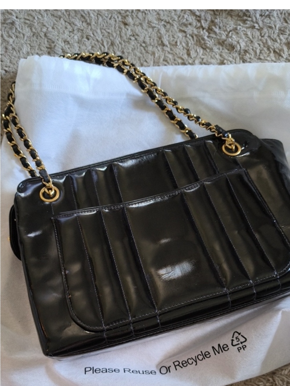 CHANEL Classic Mademoiselle Black Patent Leather Quilted Chain-Handle Bag